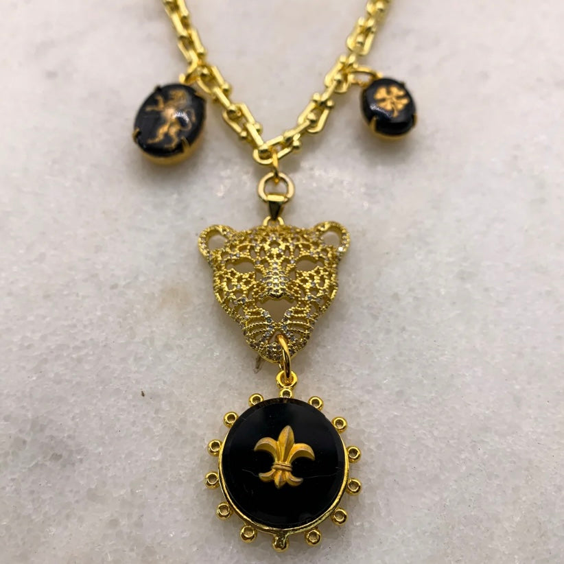 gold leopard lioness pendant necklace fler de lis four leaf clover vintage french jet gold filled chain made in australia jewellery Eloise the label
