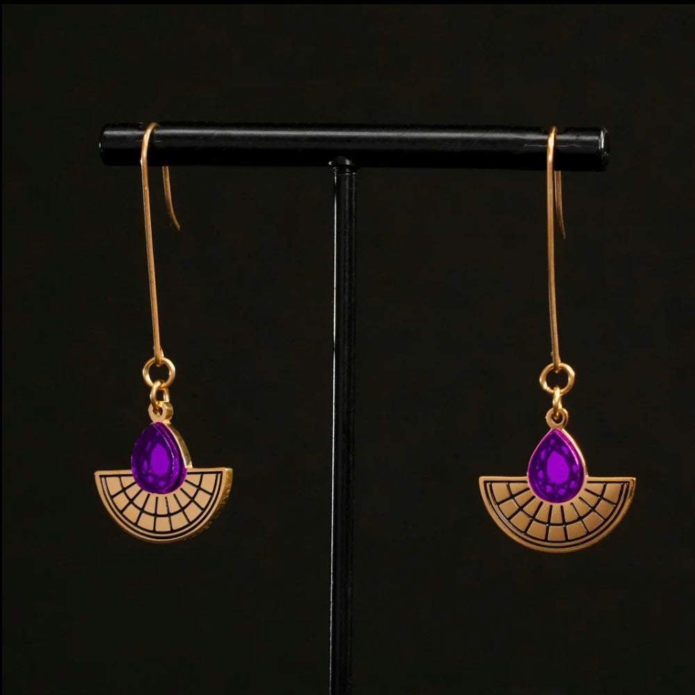 Long Hooked Sunburst Earrings - Gold and Purple