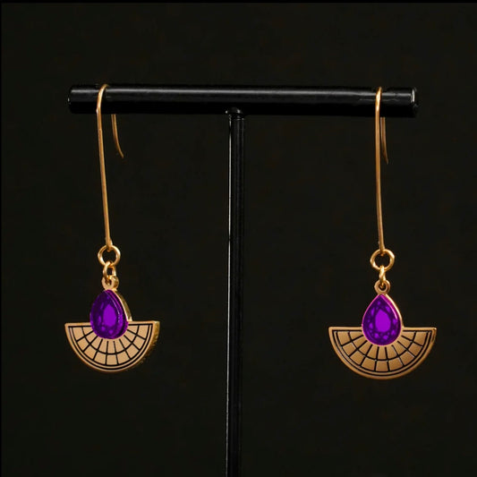 Long Hooked Sunburst Earrings - Gold and Purple