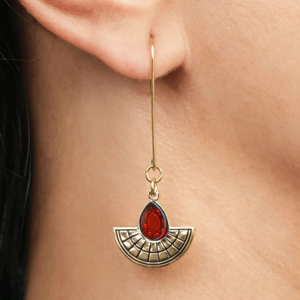 Long Hooked Sunburst Earrings - Gold and Ruby Red