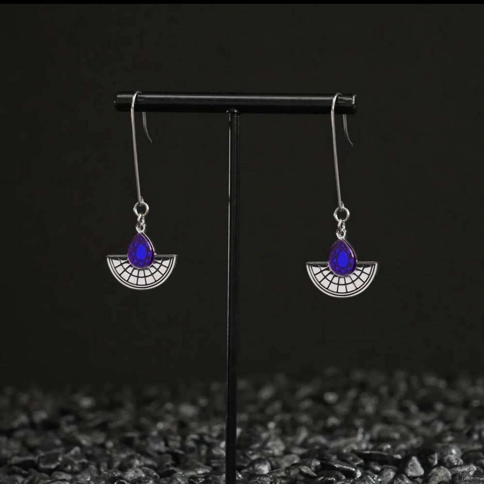Long Hooked Sunburst Earrings - Silver and Blue
