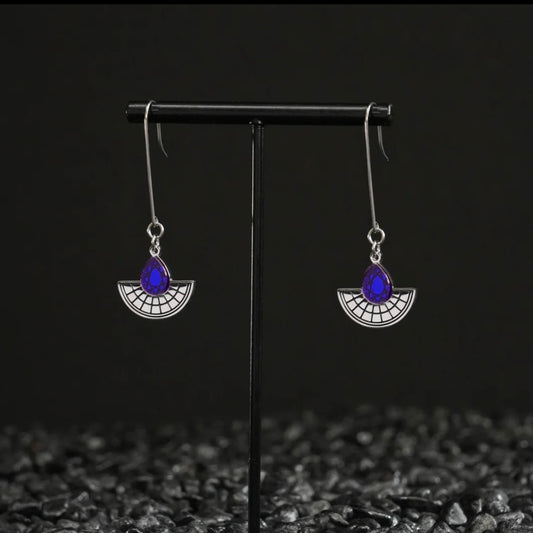 Long Hooked Sunburst Earrings - Silver and Blue