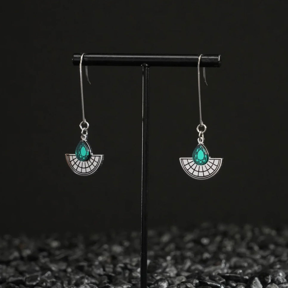 Long Hooked Sunburst Earrings - Silver and Emerald Green