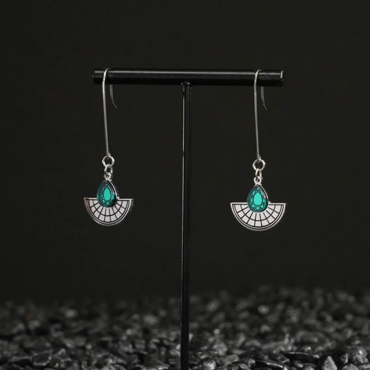 Long Hooked Sunburst Earrings - Silver and Emerald Green