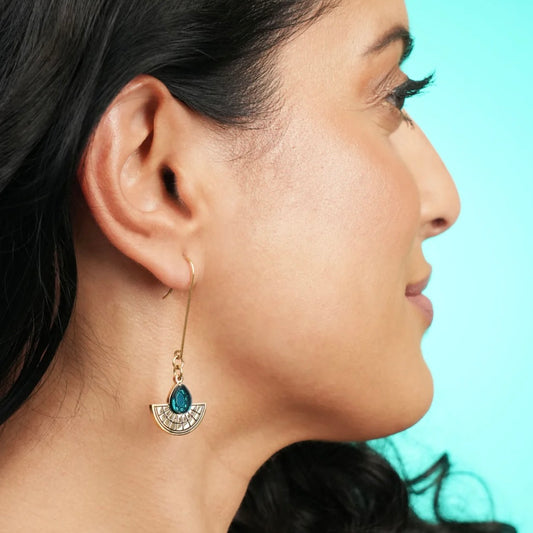 Long Hooked Sunburst Earrings - Gold and Teal