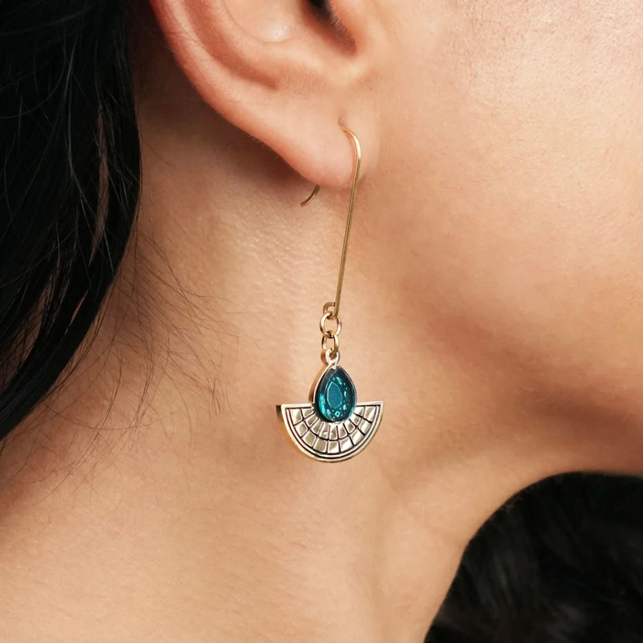 Long Hooked Sunburst Earrings - Gold and Teal