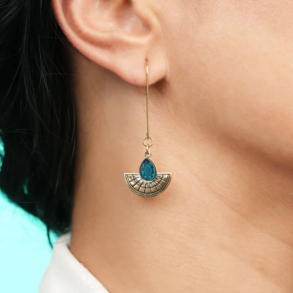 Long Hooked Sunburst Earrings - Gold and Teal