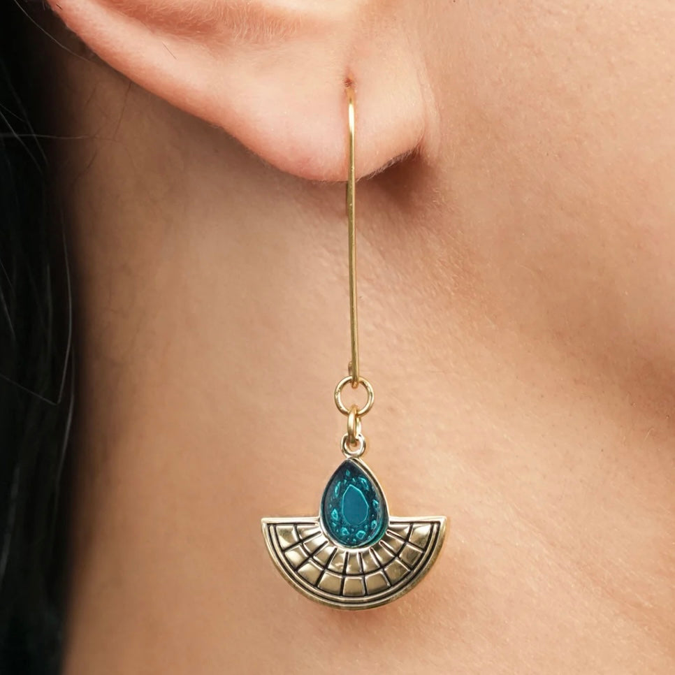 Long Hooked Sunburst Earrings - Gold and Teal