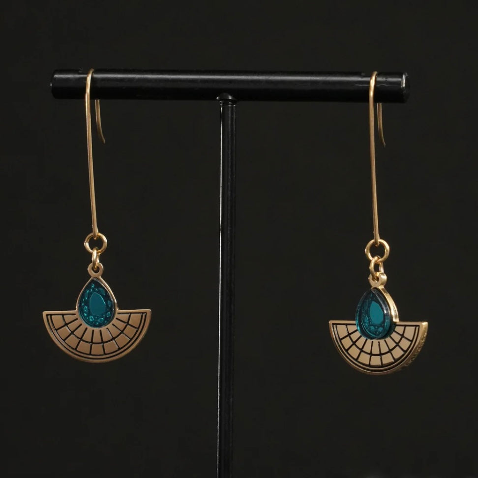 Long Hooked Sunburst Earrings - Gold and Teal