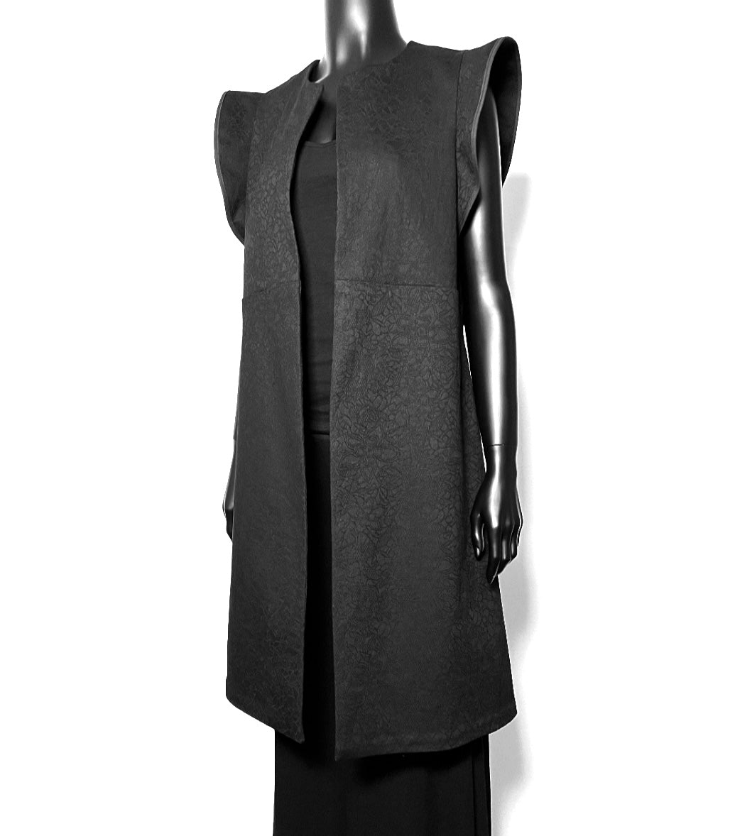 black brocade jacquard vest obi belt womens vest ladies apparel stylish clothing  handmade in melbourne classy elegant clothing  timeless clothing classic style unique clothing unique style ageless style luxe fabrics statement clothing statement style evening clothing vest womens clothing made in australia eloise the label