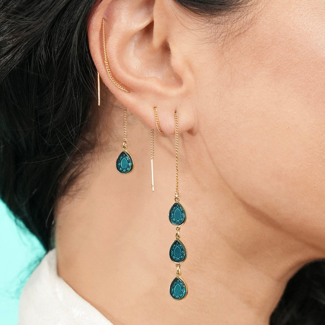 Mismatched Threader Earrings - Gold and Teal