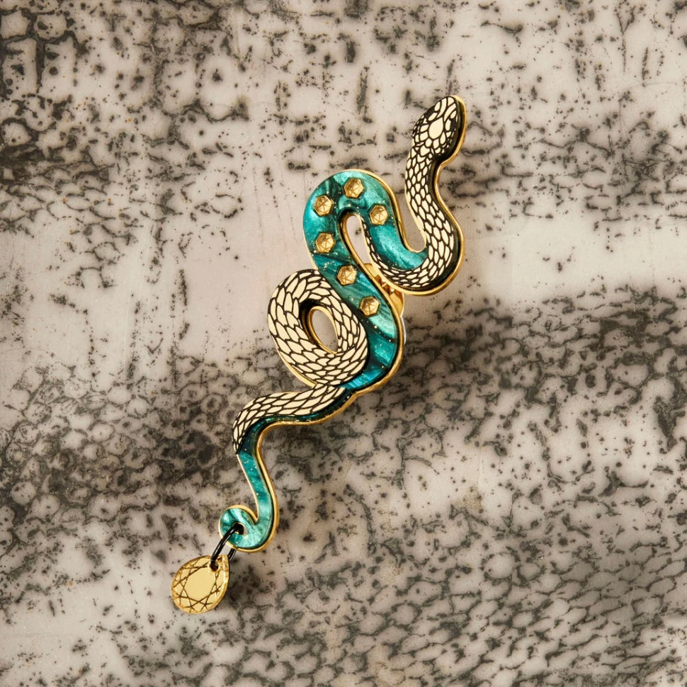 Medusa Snake Brooch - Teal and gold