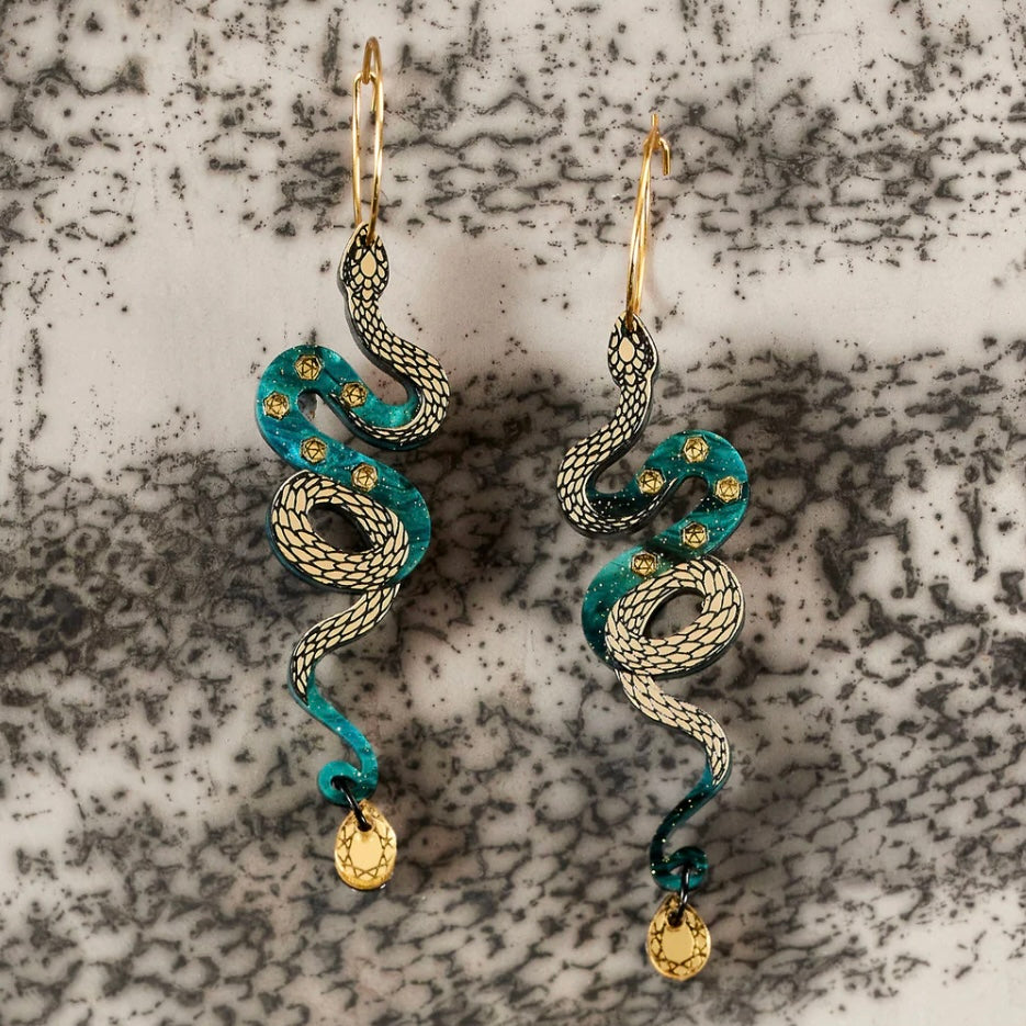 Medusa Snake Hoop Earrrings - Teal and Gold