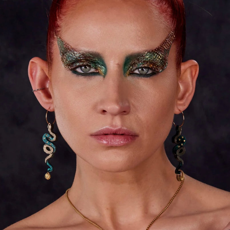 Medusa Snake Hoop Earrrings - Teal and Gold