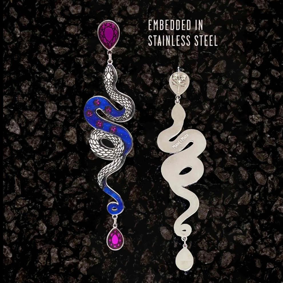 Snake earrings in purple and blue and silver made in Australia Eloise the label