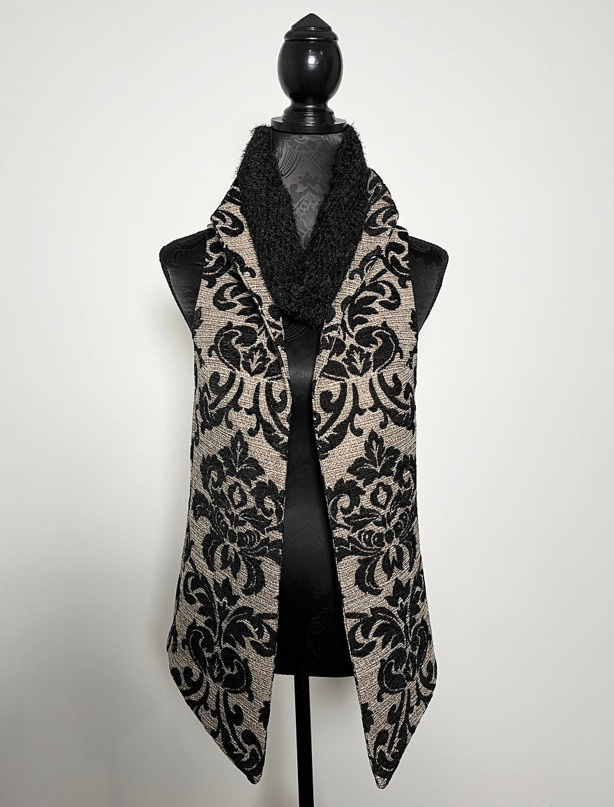 gothic black jacquard brocade vest fleur de lis vest jacquard brocade vest ladies apparel stylish clothing handmade in melbourne classy elegant clothing timeless pieces timeless clothing classic style unique clothing unique style ageless style luxe fabrics statement clothing statement style evening style clothing floral vest stand up collar womens clothing made in australia eloise the label