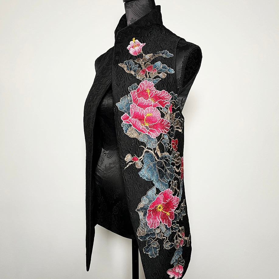 pink floral embroidered vest black jacquard brocade vest ladies apparel stylish clothing handmade in melbourne classy elegant clothing timeless pieces timeless clothing classic style unique clothing unique style ageless style luxe fabrics statement clothing statement style evening style bold clothing floral vest stand up collar womens clothing made in australia made in melbourne gothic style eloise the label