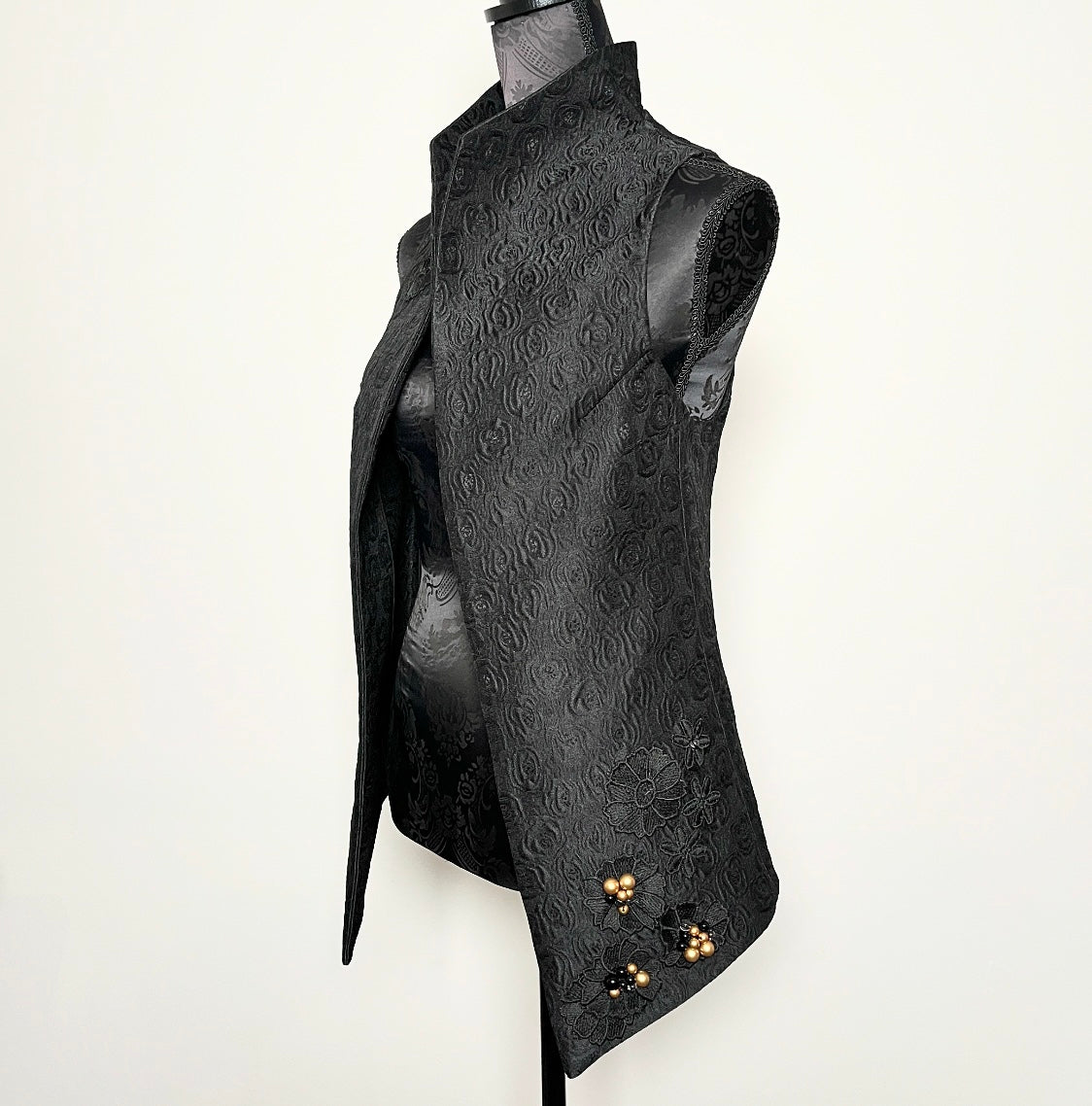 Natalia Vest - Black floral jacquard with beaded lace motifs - One Of A Kind