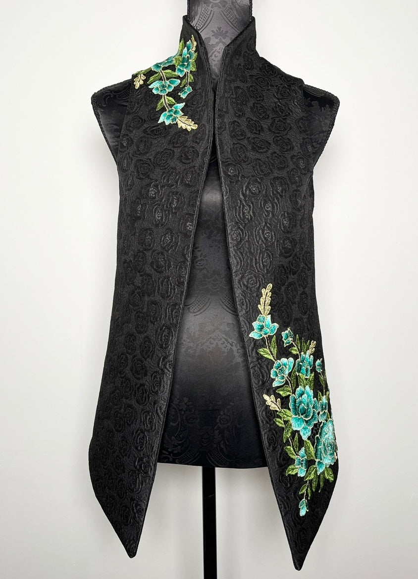 blue floral embroidered vest black jacquard brocade vest ladies apparel stylish clothing handmade in melbourne classy elegant clothing timeless pieces timeless clothing classic style unique clothing unique style ageless style luxe fabrics statement clothing statement style evening style bold clothing floral vest stand up collar womens clothing made in australia eloise the label