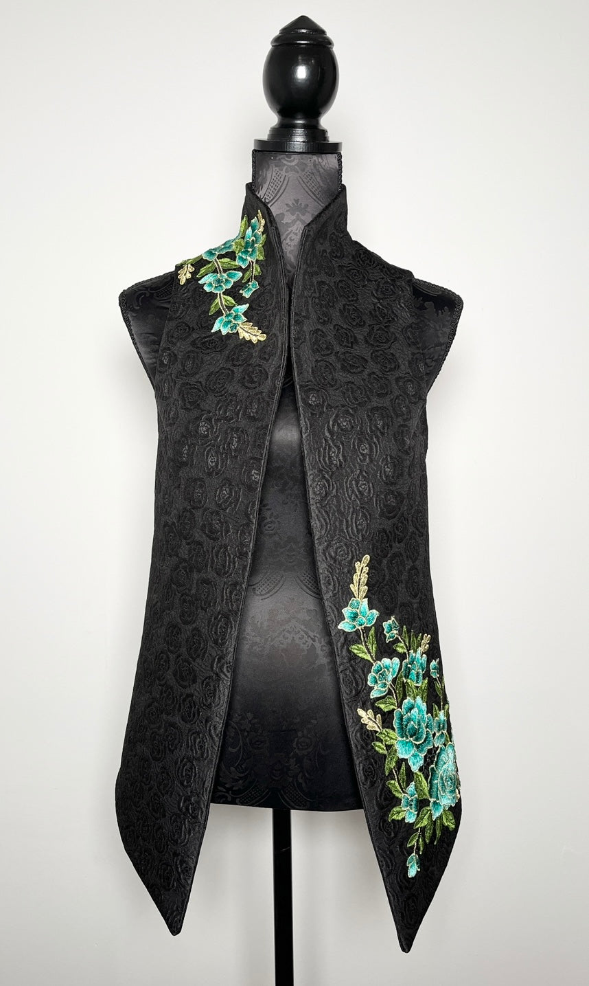 blue floral embroidered vest black jacquard brocade vest ladies apparel stylish clothing handmade in melbourne classy elegant clothing timeless pieces timeless clothing classic style unique clothing unique style ageless style luxe fabrics statement clothing statement style evening style bold clothing floral vest stand up collar womens clothing made in australia eloise the label