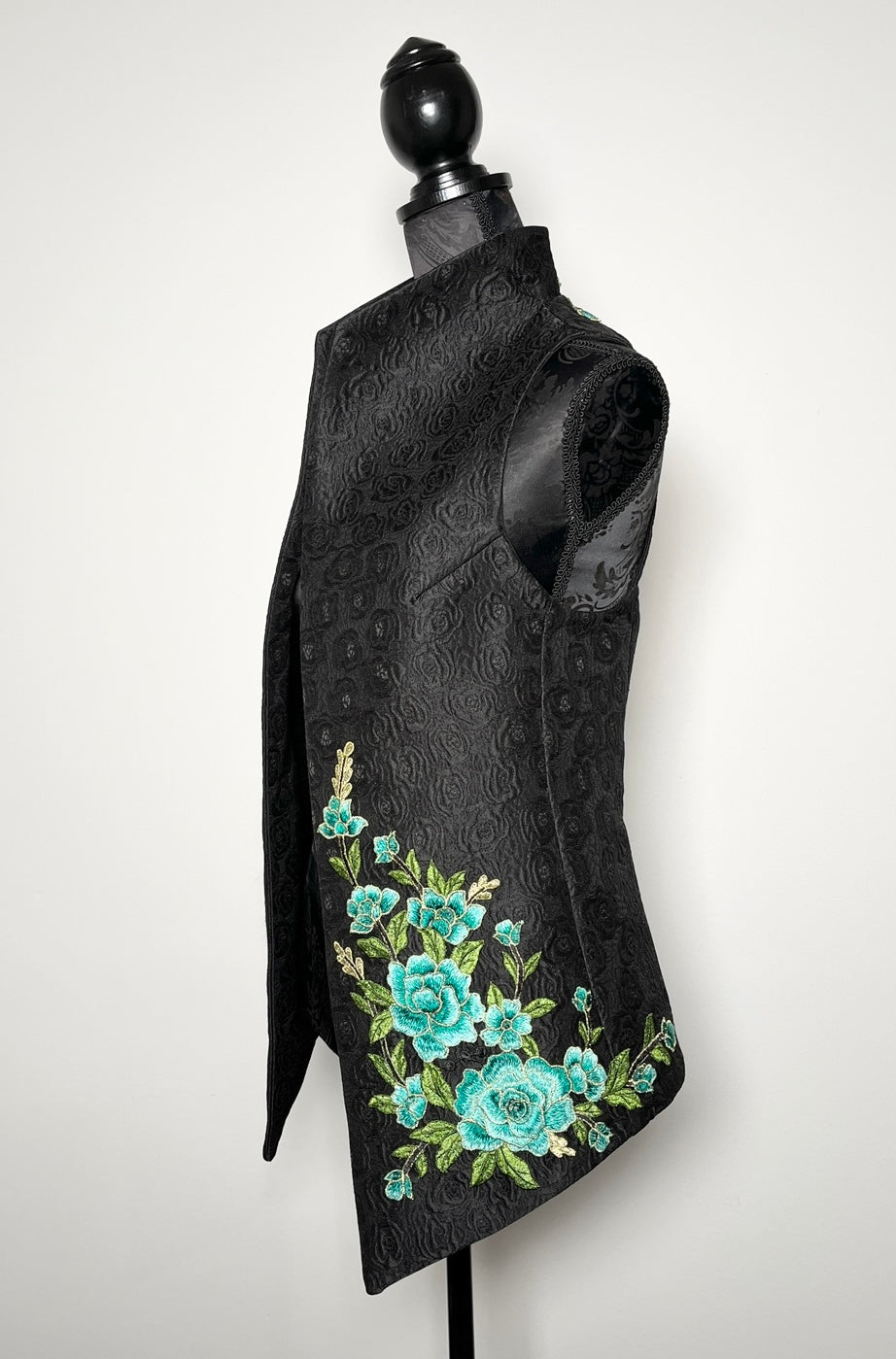 blue floral embroidered vest black jacquard brocade vest ladies apparel stylish clothing handmade in melbourne classy elegant clothing timeless pieces timeless clothing classic style unique clothing unique style ageless style luxe fabrics statement clothing statement style evening style bold clothing floral vest stand up collar womens clothing made in australia eloise the label
