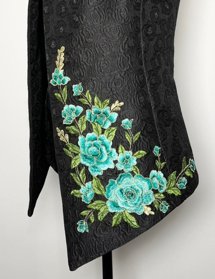 blue floral embroidered vest black jacquard brocade vest ladies apparel stylish clothing handmade in melbourne classy elegant clothing timeless pieces timeless clothing classic style unique clothing unique style ageless style luxe fabrics statement clothing statement style evening style bold clothing floral vest stand up collar womens clothing made in australia eloise the label