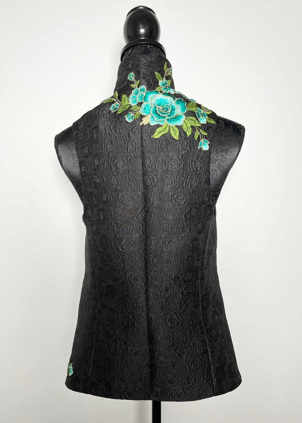 blue floral embroidered vest black jacquard brocade vest ladies apparel stylish clothing handmade in melbourne classy elegant clothing timeless pieces timeless clothing classic style unique clothing unique style ageless style luxe fabrics statement clothing statement style evening style bold clothing floral vest stand up collar womens clothing made in australia eloise the label