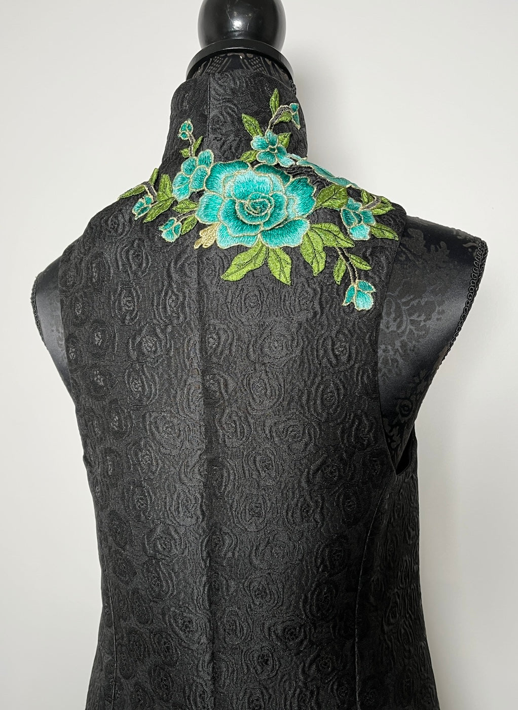 blue floral embroidered vest black jacquard brocade vest ladies apparel stylish clothing handmade in melbourne classy elegant clothing timeless pieces timeless clothing classic style unique clothing unique style ageless style luxe fabrics statement clothing statement style evening style bold clothing floral vest stand up collar womens clothing made in australia eloise the label