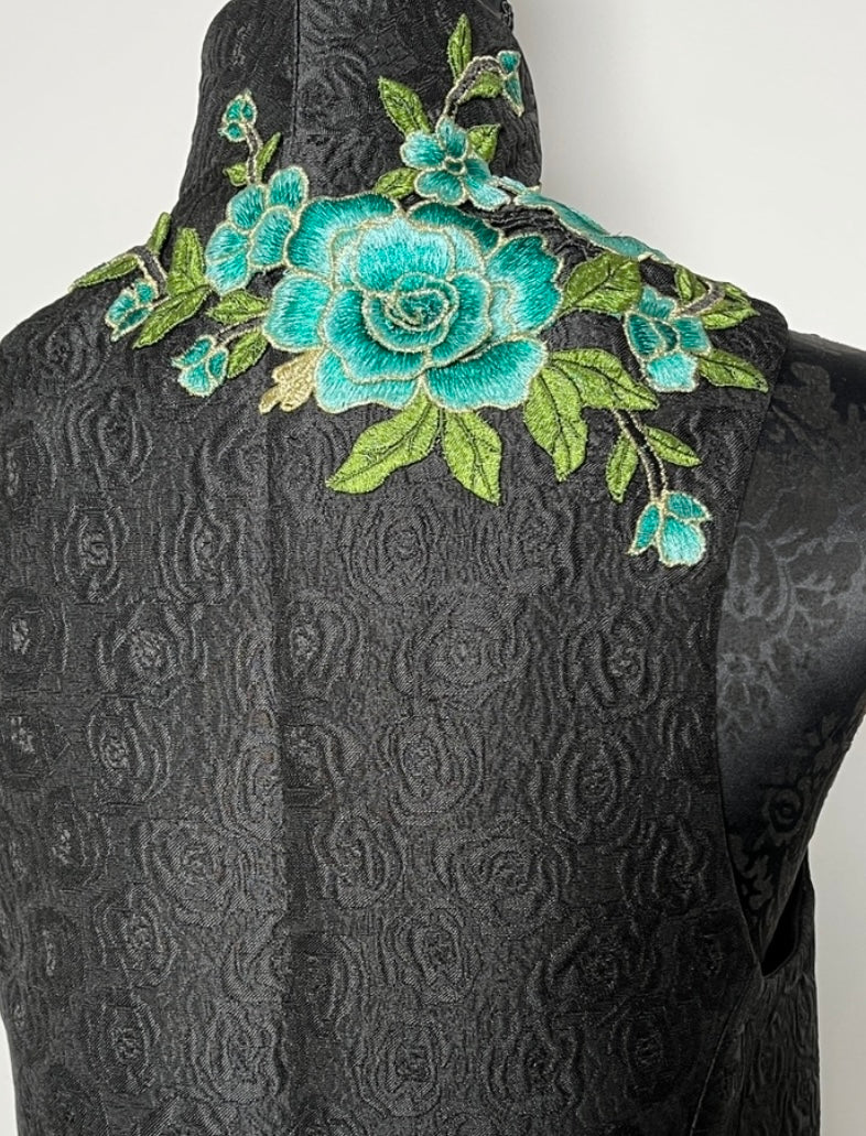 blue floral embroidered vest black jacquard brocade vest ladies apparel stylish clothing handmade in melbourne classy elegant clothing timeless pieces timeless clothing classic style unique clothing unique style ageless style luxe fabrics statement clothing statement style evening style bold clothing floral vest stand up collar womens clothing made in australia eloise the label