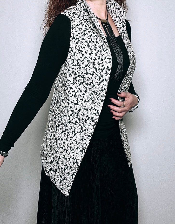 brocade vest obi belt womens vest ladies apparel stylish clothing black and white floral handmade in melbourne classy elegant clothing timeless pieces timeless clothing classic style unique clothing unique style ageless style luxe fabrics statement clothing statement style evening style clothing stand up collar luxe jacquard vest womens clothing made in australia one of a kind eloise the label