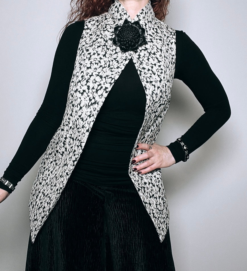 brocade vest obi belt womens vest ladies apparel stylish clothing black and white floral handmade in melbourne classy elegant clothing timeless pieces timeless clothing classic style unique clothing unique style ageless style luxe fabrics statement clothing statement style evening style clothing stand up collar luxe jacquard vest womens clothing made in australia one of a kind eloise the label