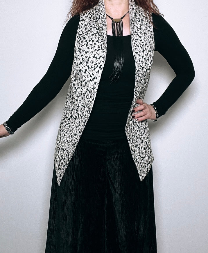 brocade vest obi belt womens vest ladies apparel stylish clothing black and white floral handmade in melbourne classy elegant clothing timeless pieces timeless clothing classic style unique clothing unique style ageless style luxe fabrics statement clothing statement style evening style clothing stand up collar luxe jacquard vest womens clothing made in australia one of a kind eloise the label