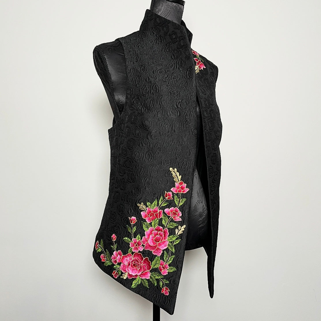 Black jacquard vest with pink floral embroidered applique melbourne made womens vest
