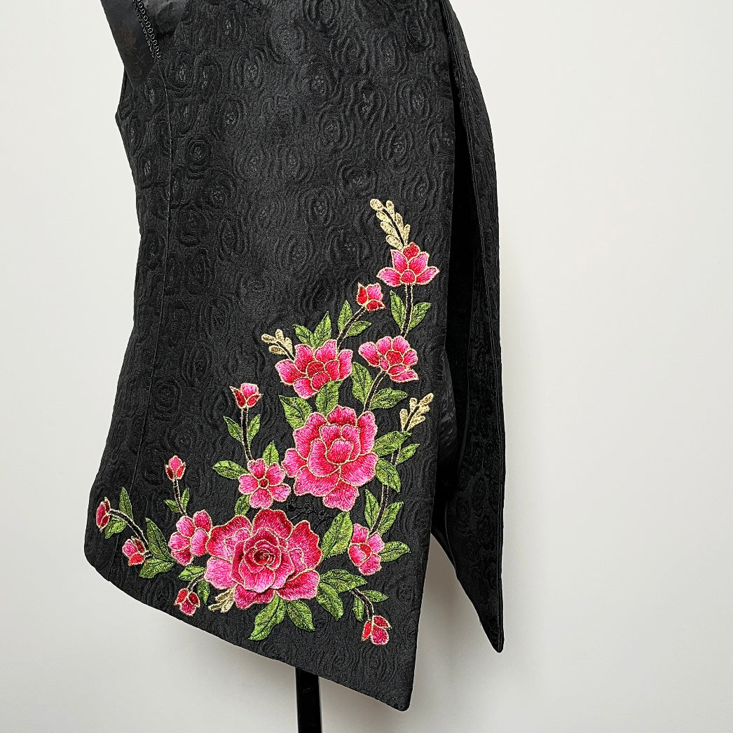 Black jacquard vest with peach floral embroidered applique melbourne made womens vest