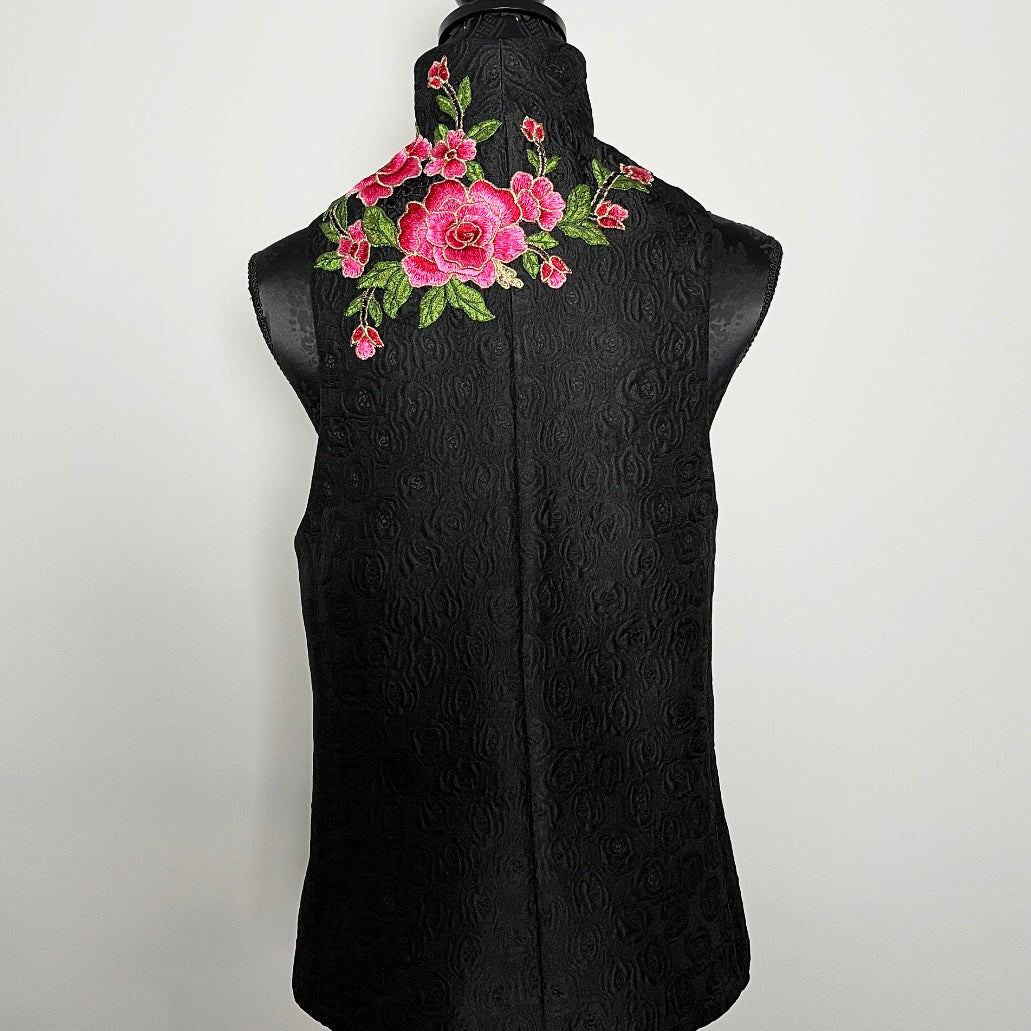 Black jacquard vest with peach floral embroidered applique melbourne made womens vest