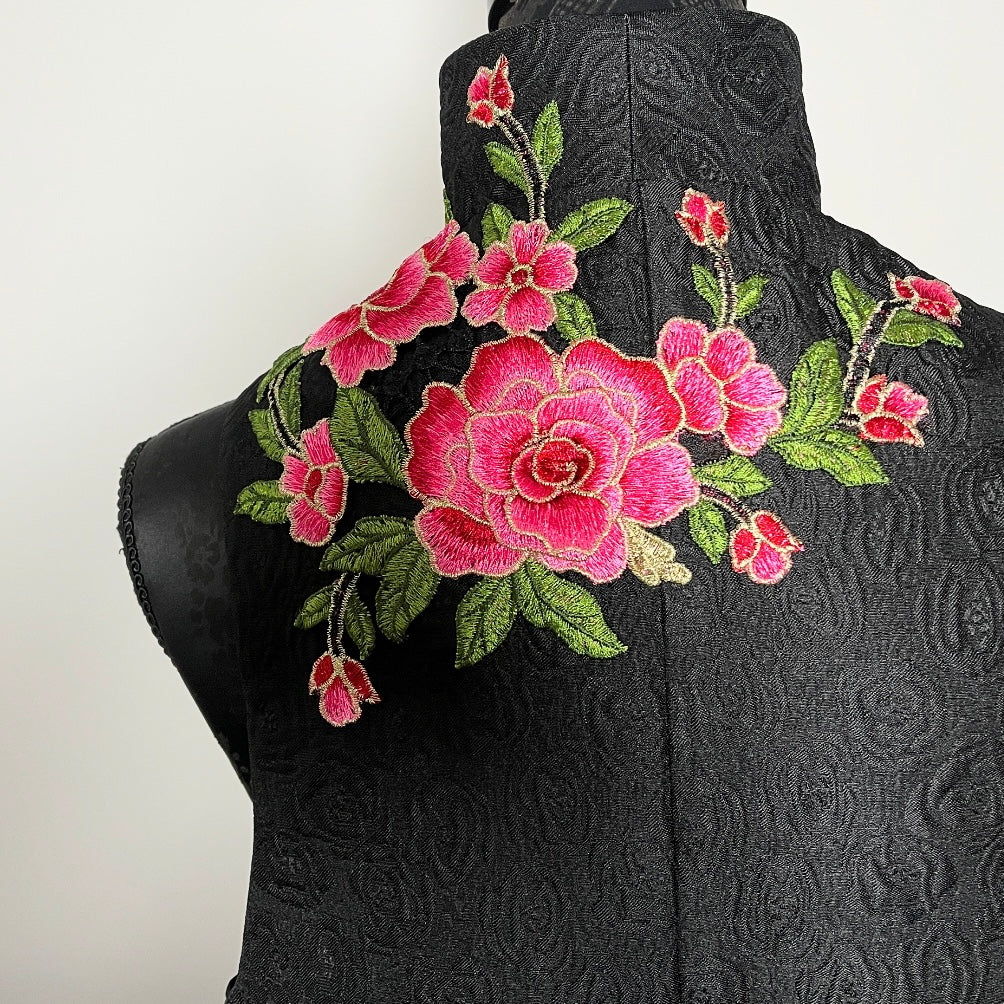 Black jacquard vest with peach floral embroidered applique melbourne made womens vest