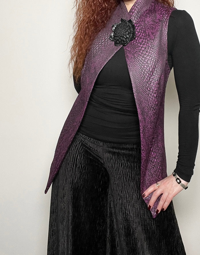 purple vest snakeskin brocade vest obi belt womens vest ladies apparel statement brooch stylish clothing handmade in melbourne classy elegant clothing timeless pieces timeless clothing classic style unique clothing unique style ageless style luxe fabrics statement clothing statement style evening style clothing stand up collar luxe jacquard vest womens clothing made in australia one of a kind eloise the label