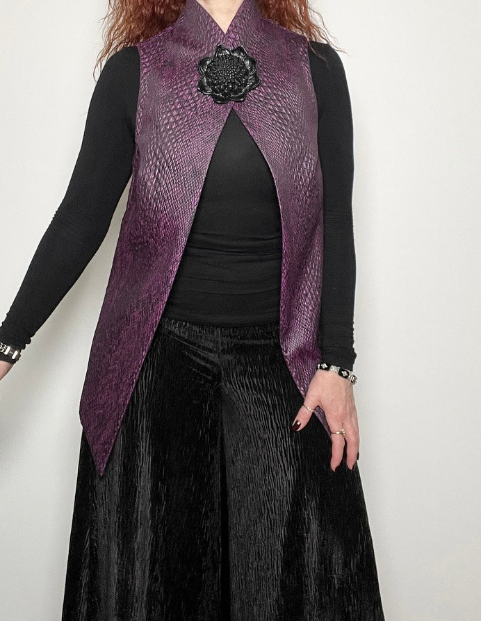 purple vest snakeskin brocade vest obi belt womens vest ladies apparel statement brooch stylish clothing handmade in melbourne classy elegant clothing timeless pieces timeless clothing classic style unique clothing unique style ageless style luxe fabrics statement clothing statement style evening style clothing stand up collar luxe jacquard vest womens clothing made in australia one of a kind eloise the label