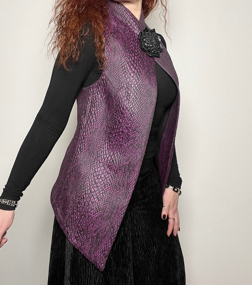 purple vest snakeskin brocade vest obi belt womens vest ladies apparel statement brooch stylish clothing handmade in melbourne classy elegant clothing timeless pieces timeless clothing classic style unique clothing unique style ageless style luxe fabrics statement clothing statement style evening style clothing stand up collar luxe jacquard vest womens clothing made in australia one of a kind eloise the label