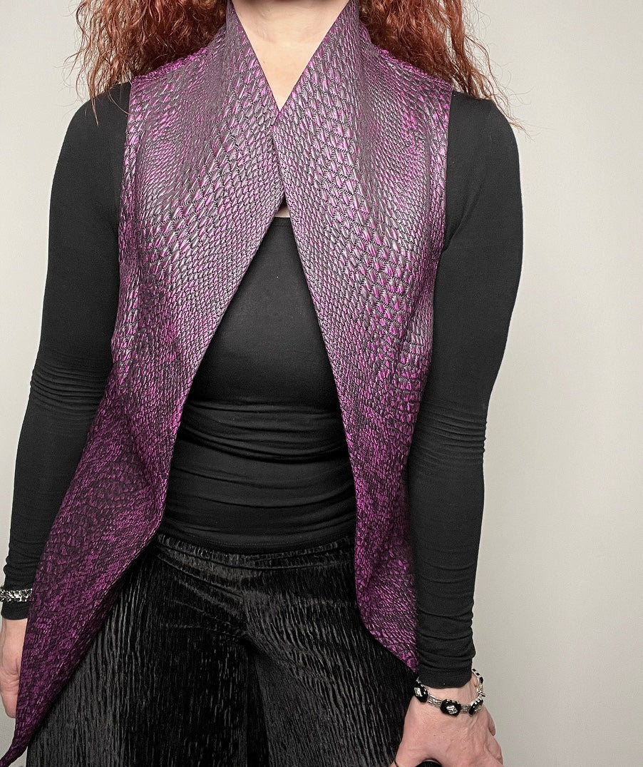 purple vest snakeskin brocade vest obi belt womens vest ladies apparel statement brooch stylish clothing handmade in melbourne classy elegant clothing timeless pieces timeless clothing classic style unique clothing unique style ageless style luxe fabrics statement clothing statement style evening style clothing stand up collar luxe jacquard vest womens clothing made in australia one of a kind eloise the label
