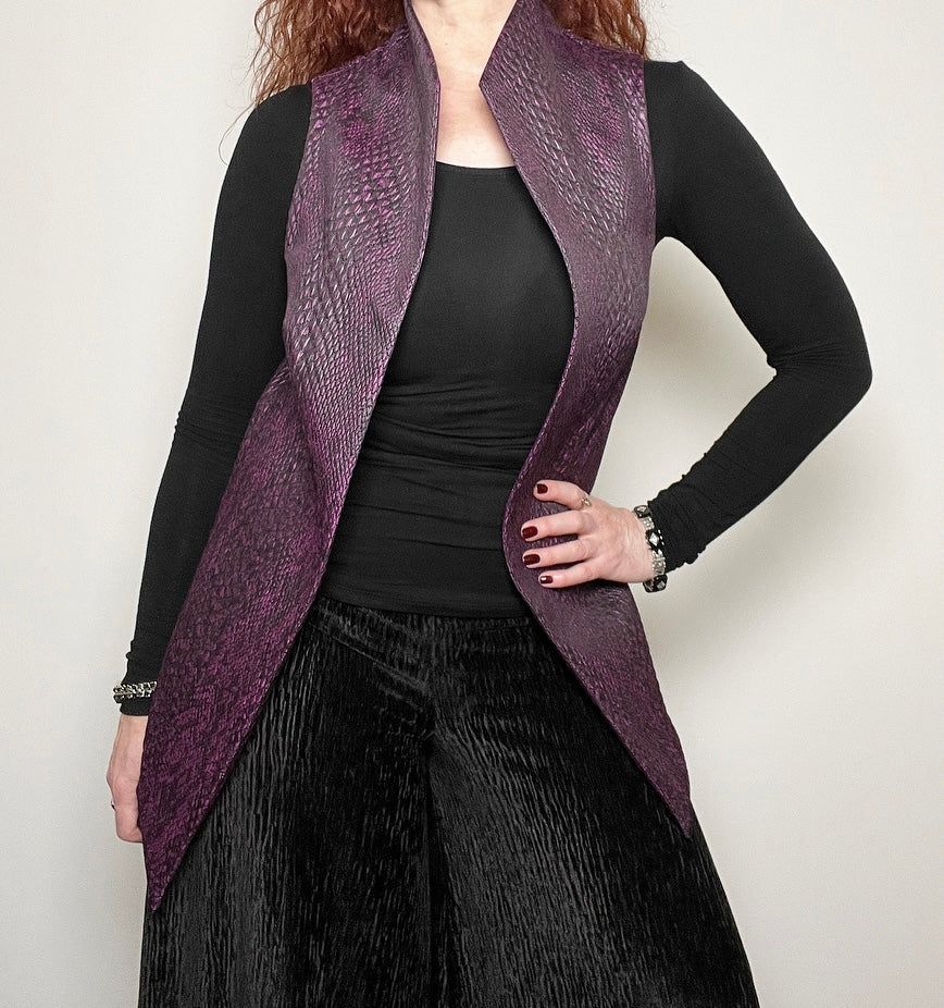 purple vest snakeskin brocade vest obi belt womens vest ladies apparel statement brooch stylish clothing handmade in melbourne classy elegant clothing timeless pieces timeless clothing classic style unique clothing unique style ageless style luxe fabrics statement clothing statement style evening style clothing stand up collar luxe jacquard vest womens clothing made in australia one of a kind eloise the label
