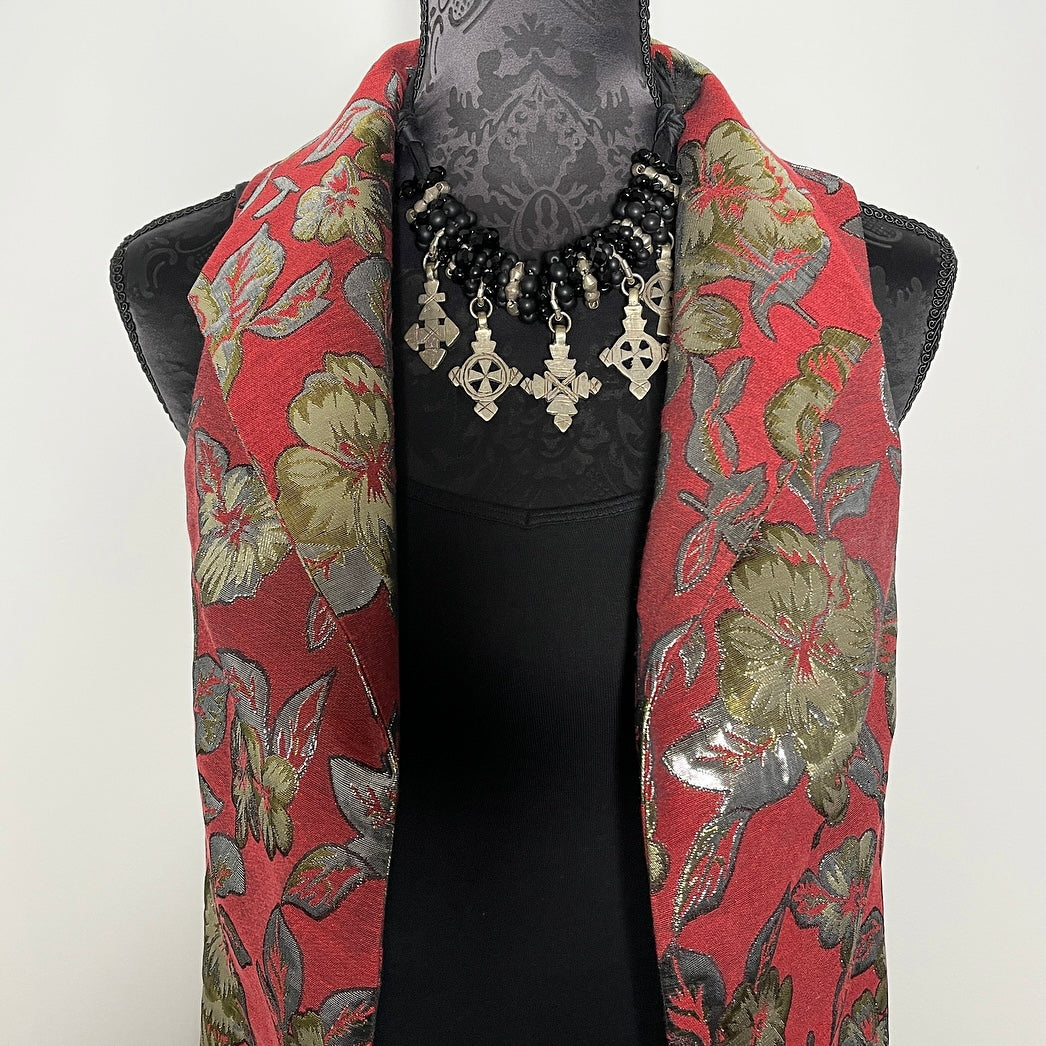 brocade vest obi belt womens vest ladies apparel stylish clothing floral handmade in melbourne classy elegant clothing timeless pieces timeless clothing classic style unique clothing unique style ageless style luxe fabrics statement clothing statement style evening style clothing stand up collar luxe jacquard vest womens clothing made in australia one of a kind eloise the label