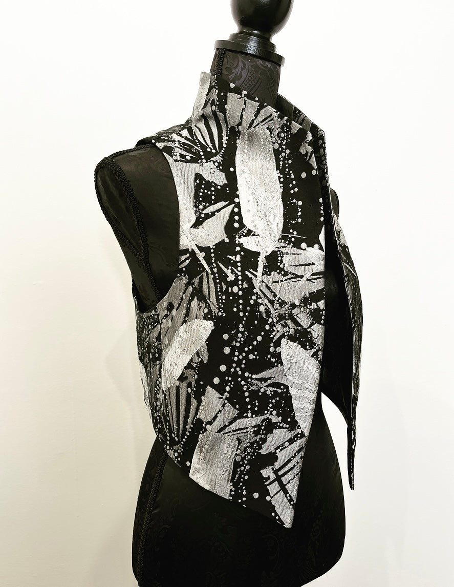 feathers floral brocade jacquard vest silver brocade ladies apparel stylish clothing handmade in melbourne classy elegant clothing timeless pieces timeless clothing classic style unique clothing unique style ageless style luxe fabrics statement clothing statement style evening style bold clothing floral vest stand up collar womens clothing made in australia eloise the label