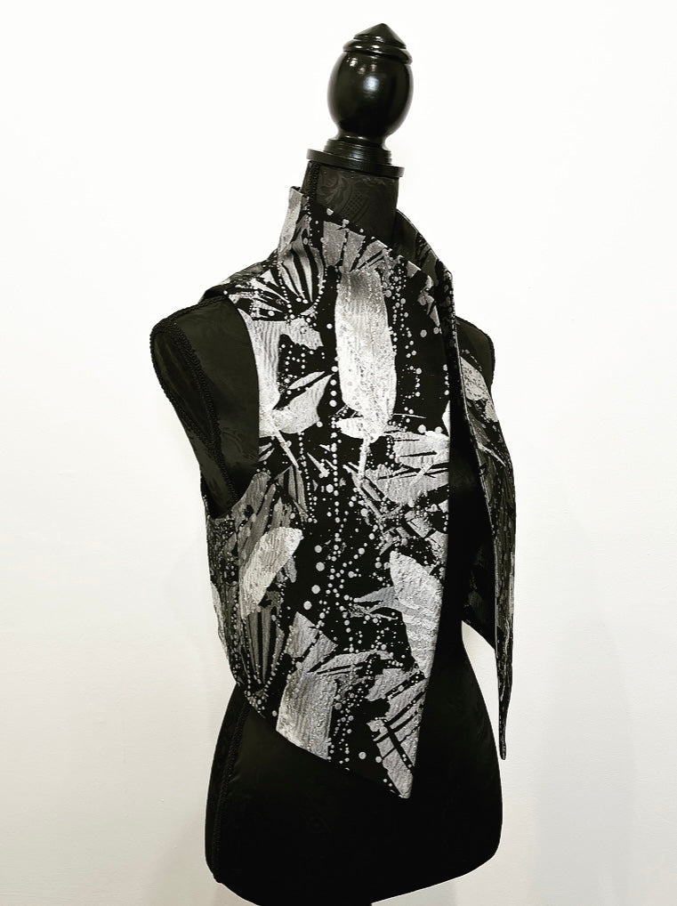 feathers floral brocade jacquard vest silver brocade ladies apparel stylish clothing handmade in melbourne classy elegant clothing timeless pieces timeless clothing classic style unique clothing unique style ageless style luxe fabrics statement clothing statement style evening style bold clothing floral vest stand up collar womens clothing made in australia eloise the label