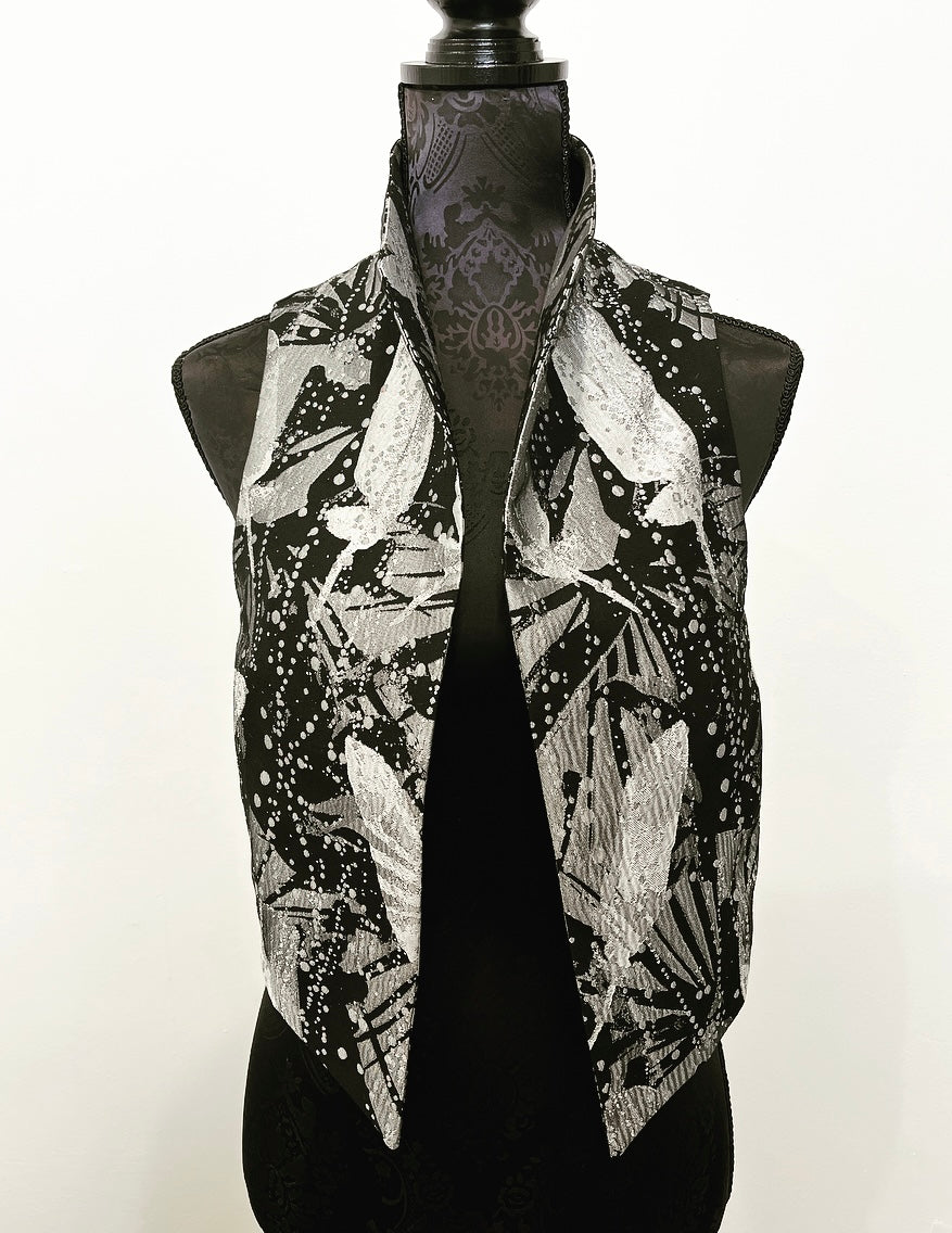 feathers floral brocade jacquard vest silver brocade ladies apparel stylish clothing handmade in melbourne classy elegant clothing timeless pieces timeless clothing classic style unique clothing unique style ageless style luxe fabrics statement clothing statement style evening style bold clothing floral vest stand up collar womens clothing made in australia eloise the label
