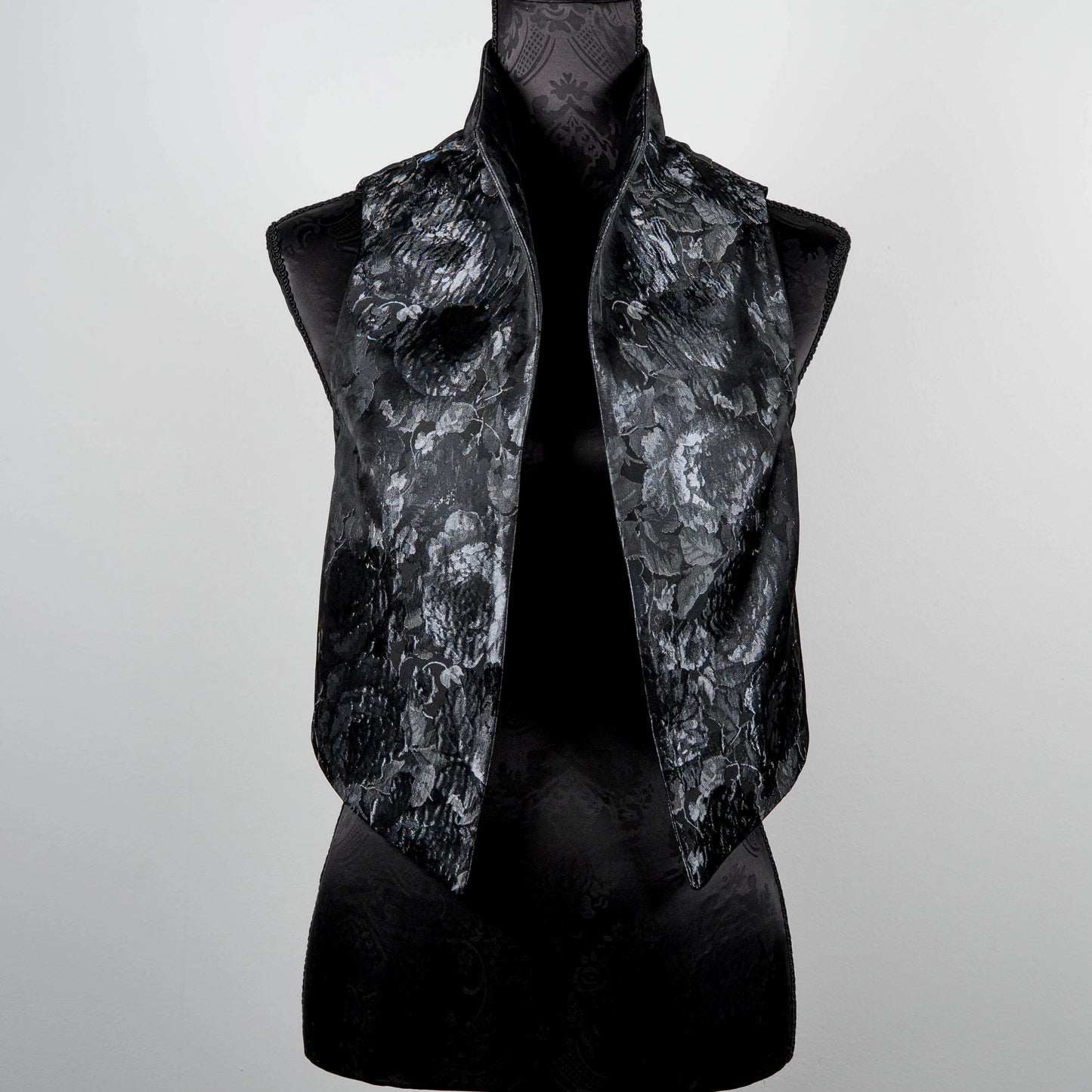 Grey floral vest with high stand up collar Event wear evening unique style wear Made in Melbourne Eloise the label
