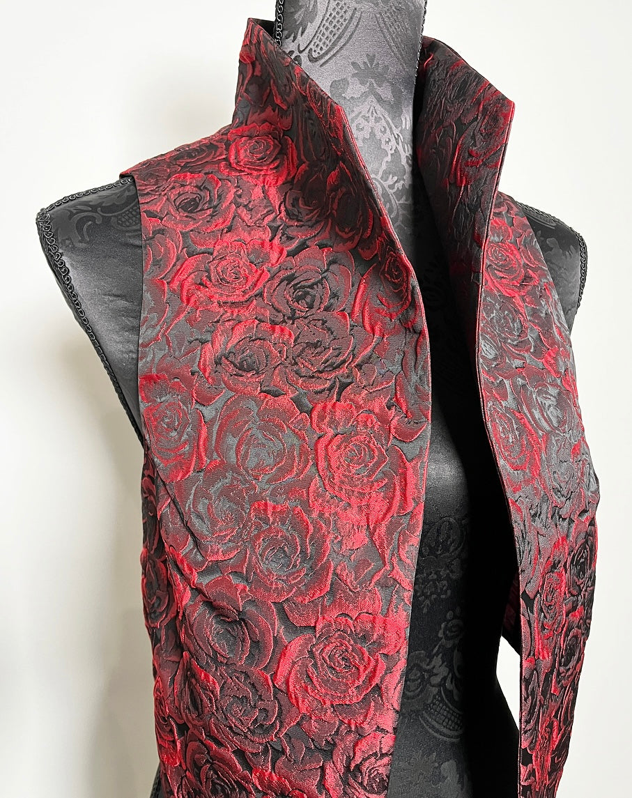 red roses floral brocade jacquard vest gold brocade ladies apparel stylish clothing handmade in melbourne classy elegant clothing timeless pieces timeless clothing classic style unique clothing unique style ageless style luxe fabrics statement clothing statement style evening style bold clothing floral vest stand up collar womens clothing made in australia eloise the label