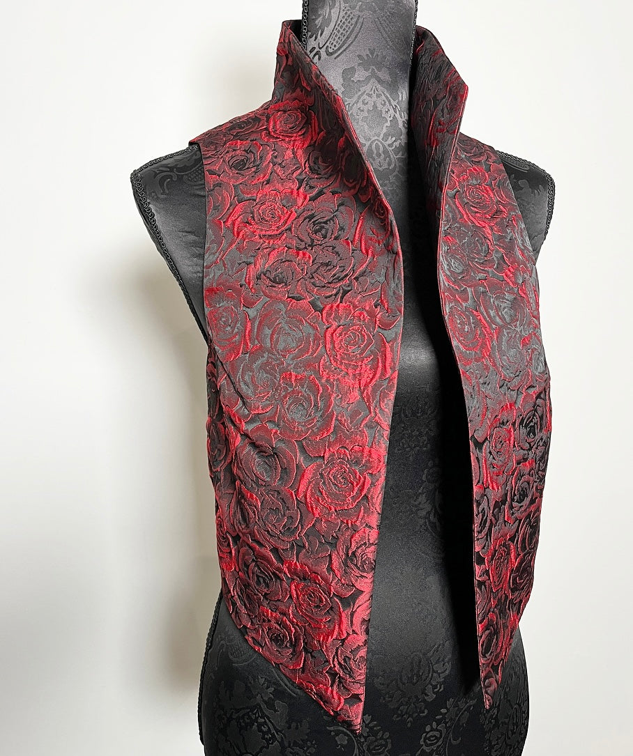 red roses floral brocade jacquard vest gold brocade ladies apparel stylish clothing handmade in melbourne classy elegant clothing timeless pieces timeless clothing classic style unique clothing unique style ageless style luxe fabrics statement clothing statement style evening style bold clothing floral vest stand up collar womens clothing made in australia eloise the label