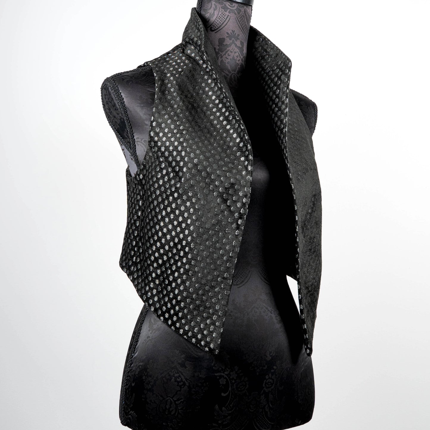 Black with silver dot vest with high collar made in Melbourne Eloise the label