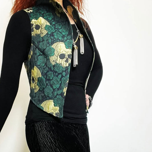 skulls and roses vest jacquard brocade vest ladies apparel stylish clothing handmade in melbourne classy elegant clothing timeless pieces timeless clothing classic style unique clothing unique style ageless style luxe fabrics statement clothing statement style evening style clothing floral vest stand up collar womens clothing made in australia eloise the label